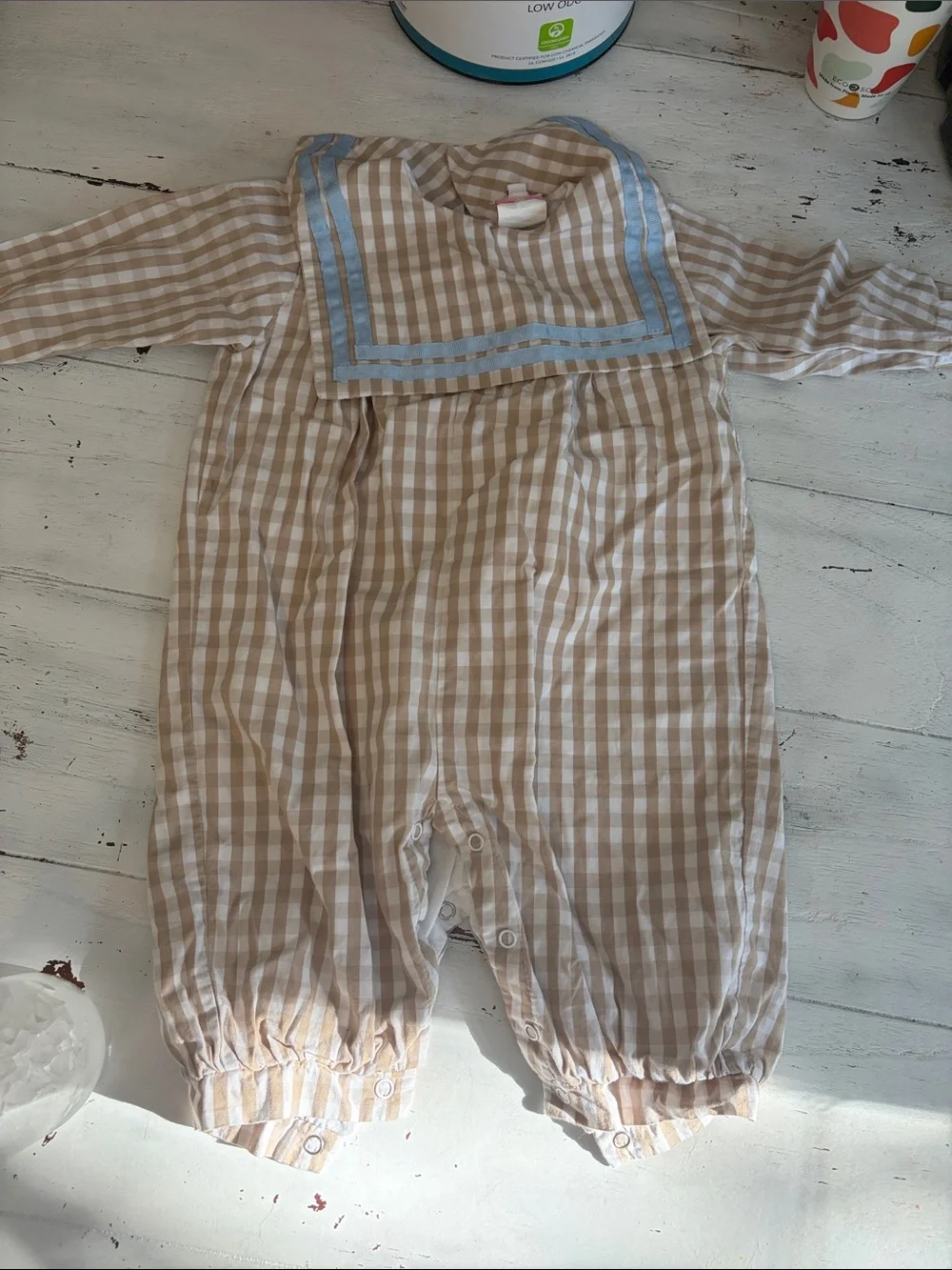 Cecil and Lou size 9 months bibbed gingham print tan blue ribbon romper long